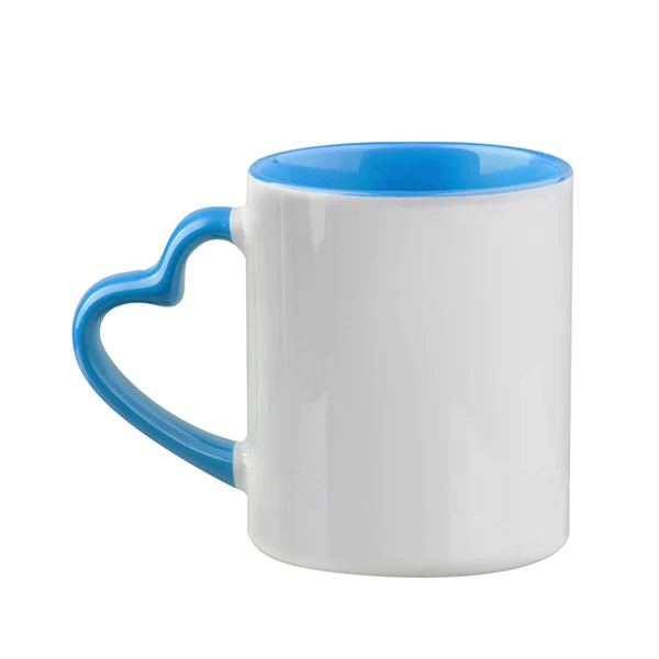 Caneca Cerâmica Branca Alça Coração Interna Colorida azul claro
