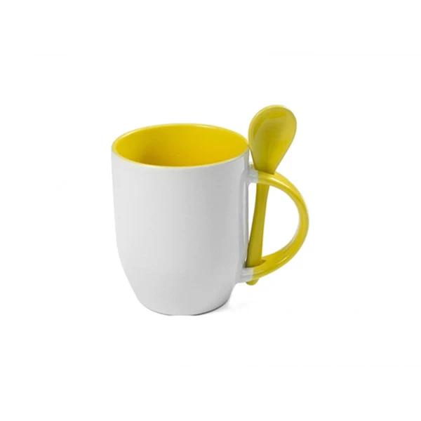 Caneca Cerâmica Branca Com Colher Alça E Interno Colorido amarelo