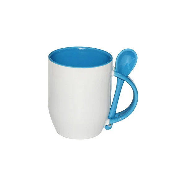 Caneca Cerâmica Branca Com Colher Alça E Interno Colorido azul