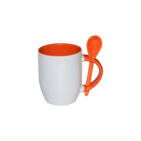 Caneca Cerâmica Branca Com Colher Alça E Interno Colorido laranja