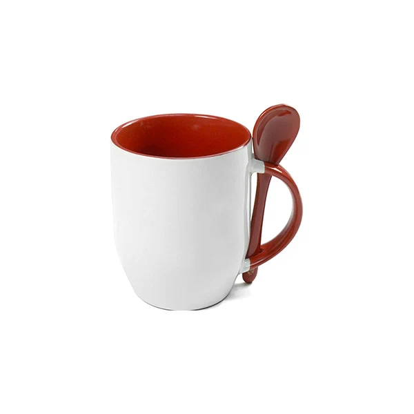Caneca Cerâmica Branca Com Colher Alça E Interno Colorido vermelho